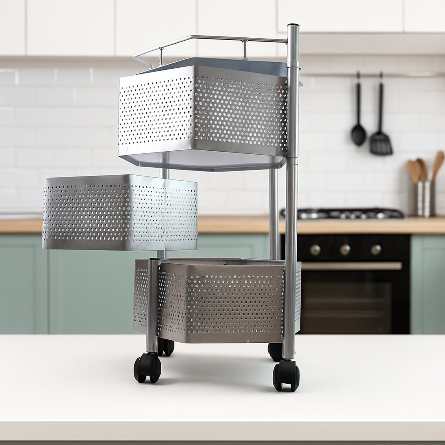 Premium 3-Layer Hexagon Kitchen Storage Trolley with Wheels (1 Pc) Premium 3-Layer Hexagon Kitchen Storage Trolley with Wheels (1 Pc)